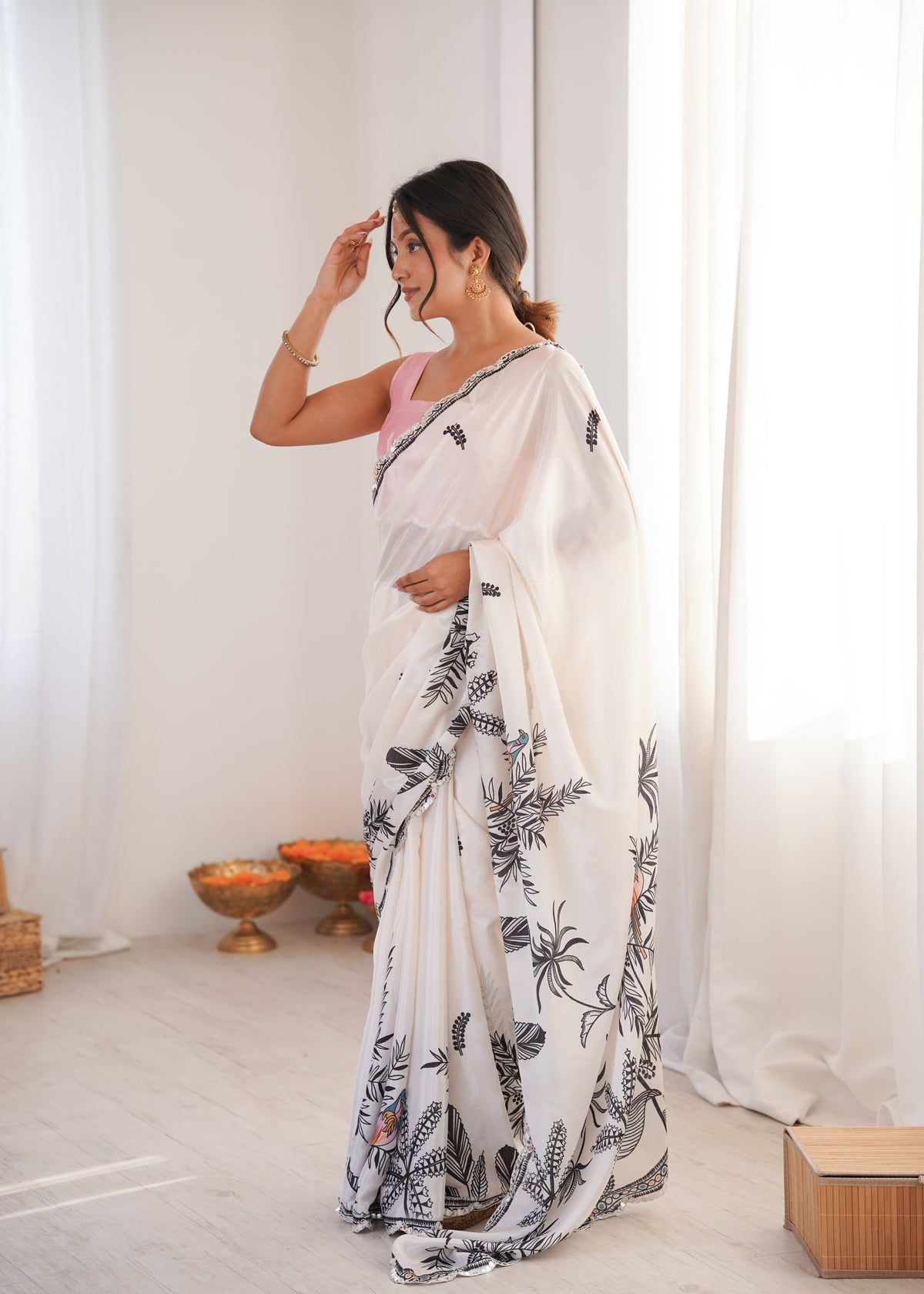 White Chinon Digital Printed Designer Saree with Mirror Lace