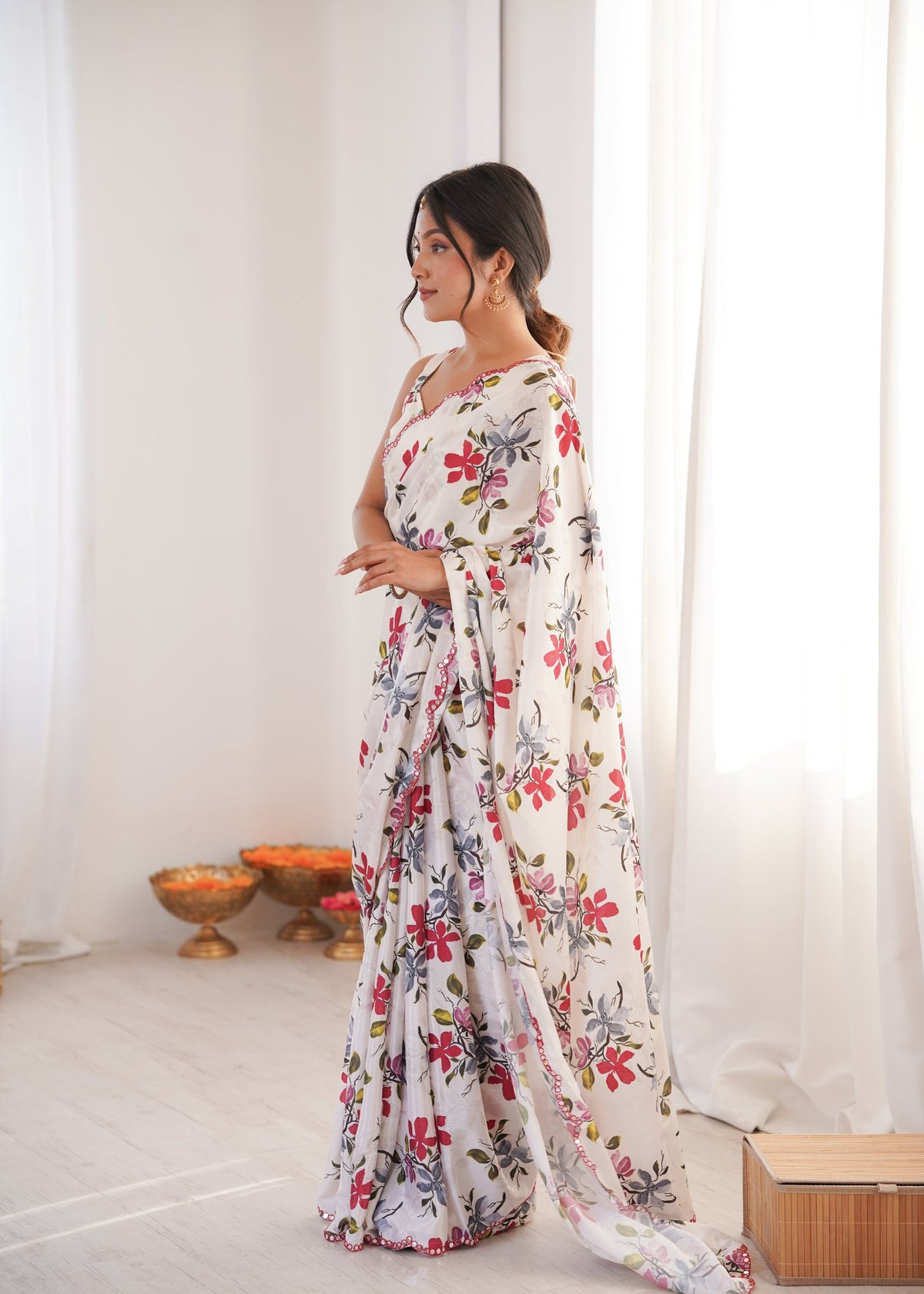 Multicolor Chinon Digital Printed Saree with Mirror Lace Border