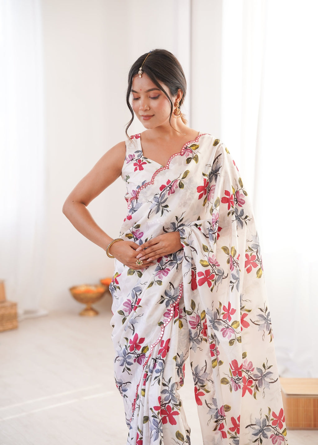 Multicolor Chinon Digital Printed Saree with Mirror Lace Border