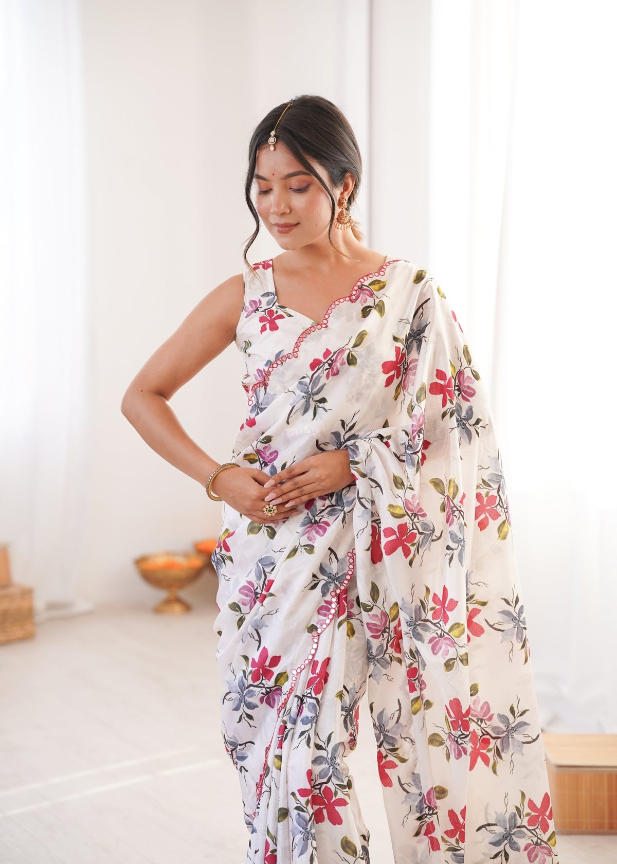 Multicolor Chinon Digital Printed Saree with Mirror Lace Border