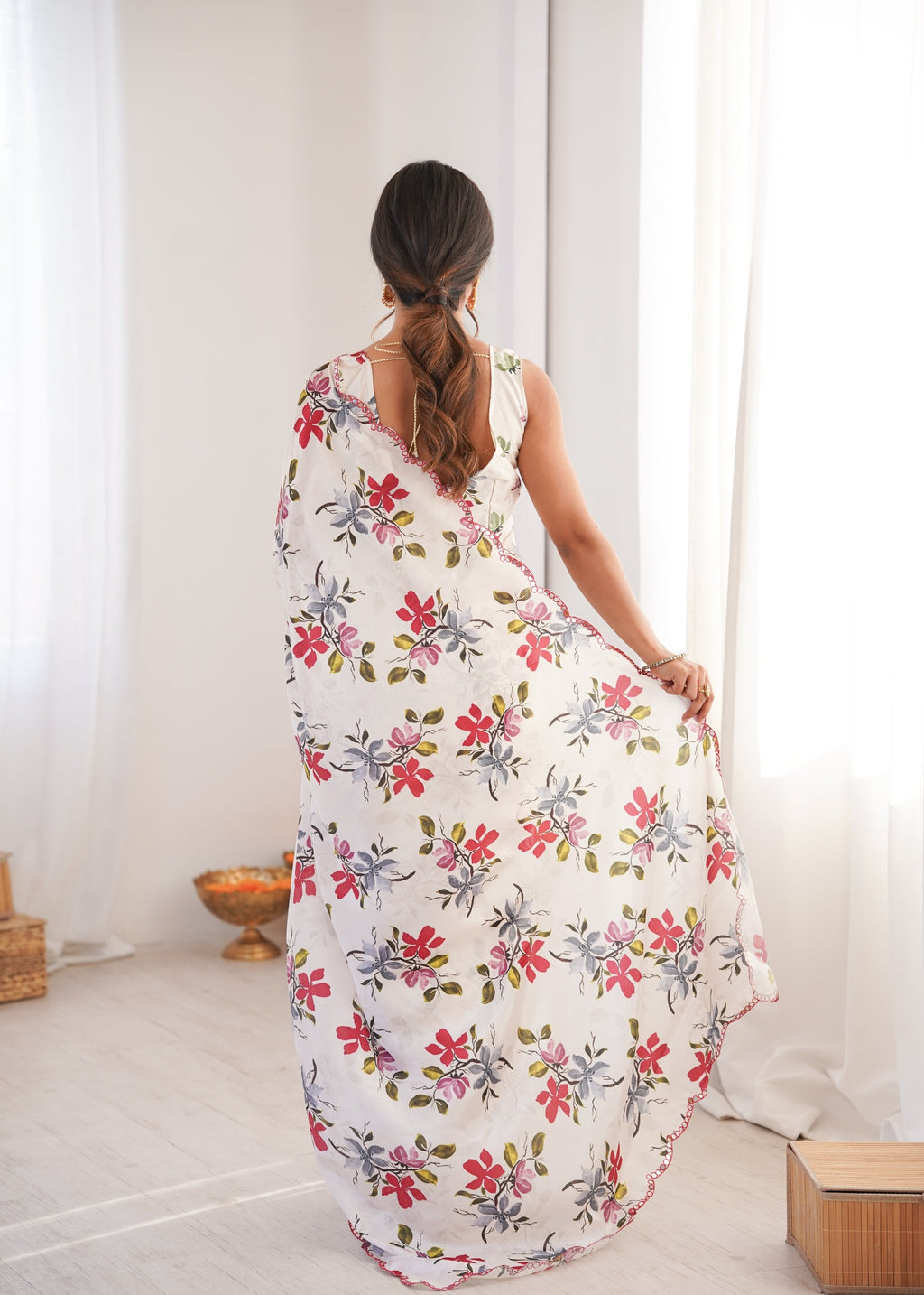 Multicolor Chinon Digital Printed Saree with Mirror Lace Border