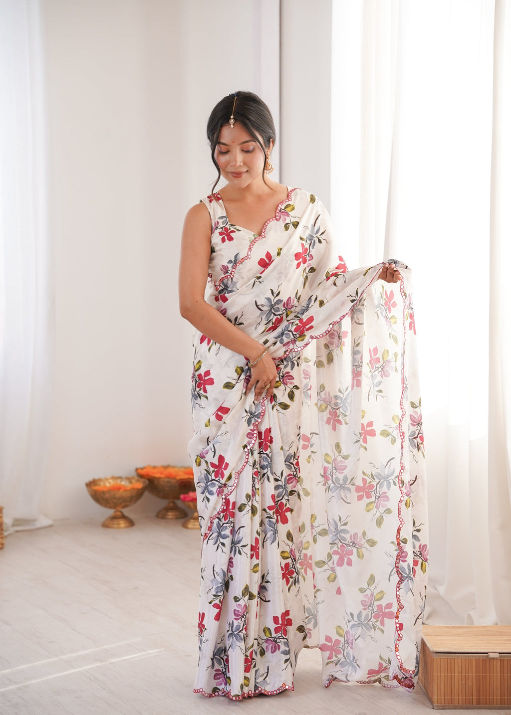 Multicolor Chinon digital printed saree with detailed mirror lace border draped elegantly