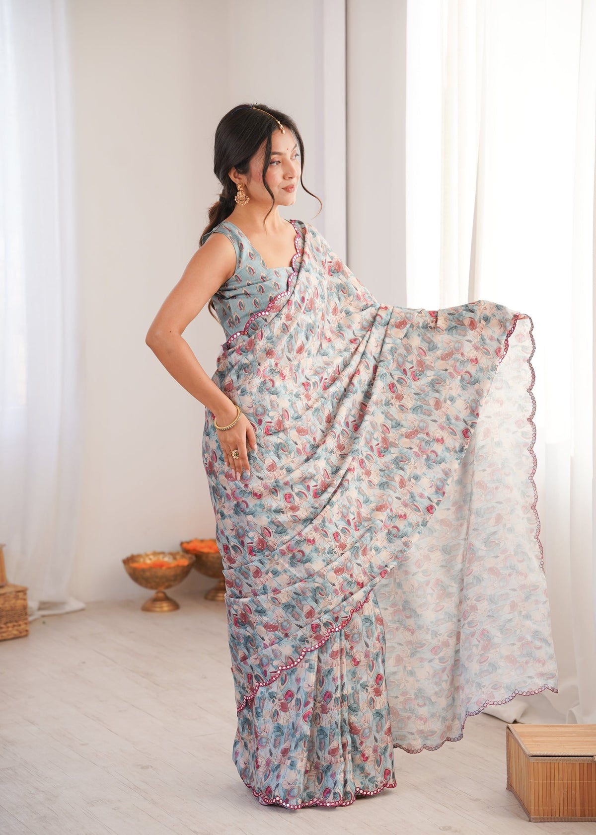 Women's Grey Chinon Digital Printed Saree with Mirror Lace Border