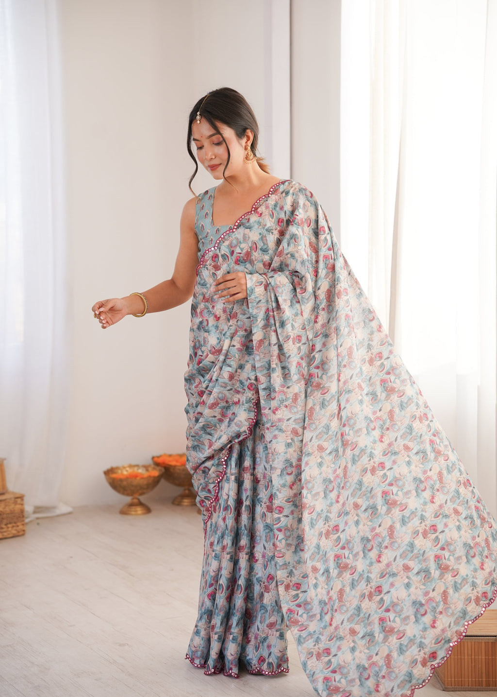Women's Grey Chinon Digital Printed Saree with Mirror Lace Border