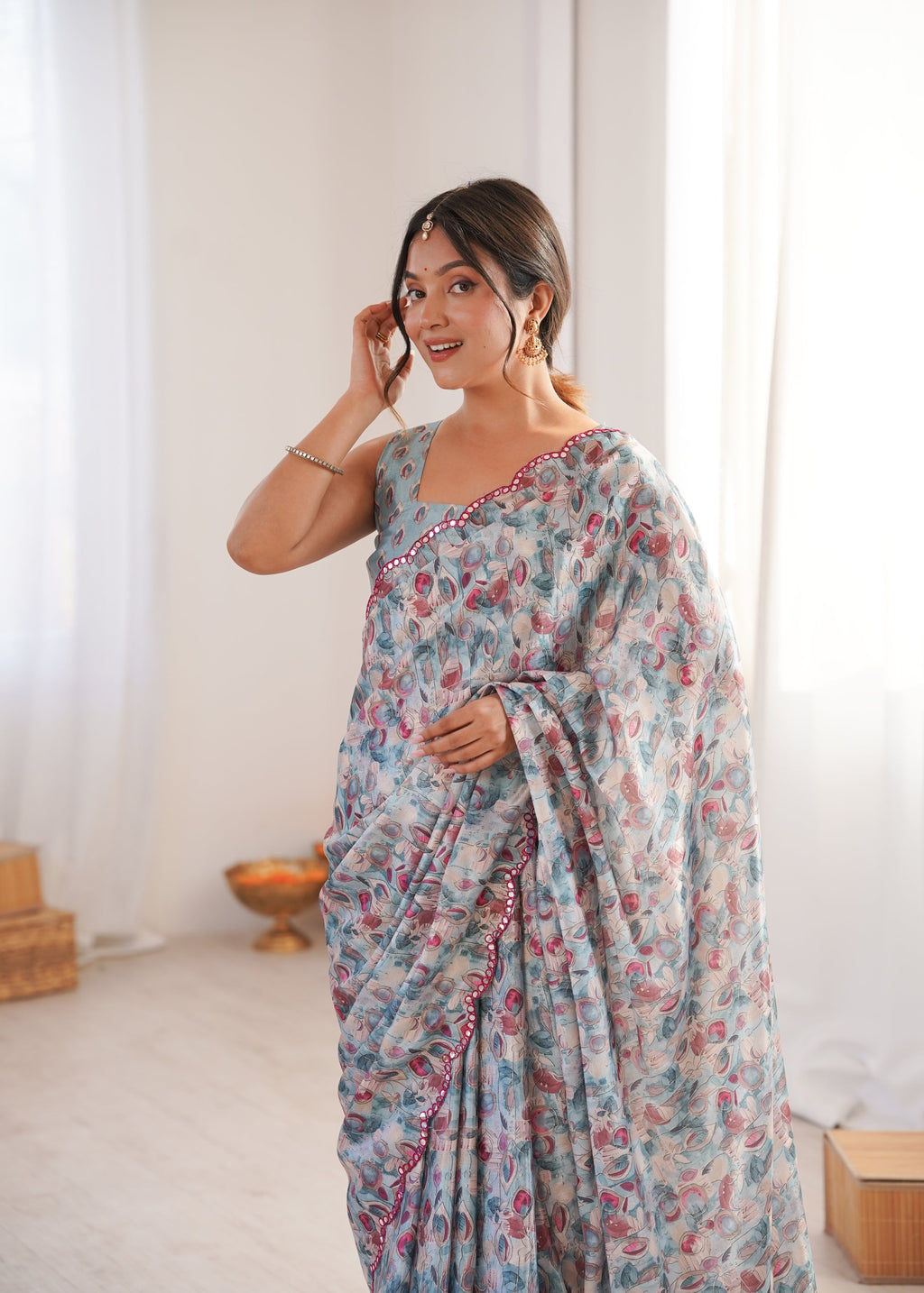 Women's Grey Chinon Digital Printed Saree with Mirror Lace Border