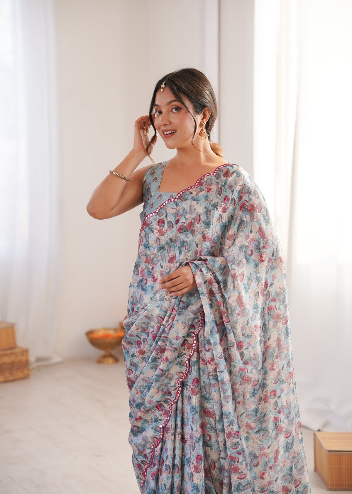 Women's Grey Chinon Digital Printed Saree with Mirror Lace Border