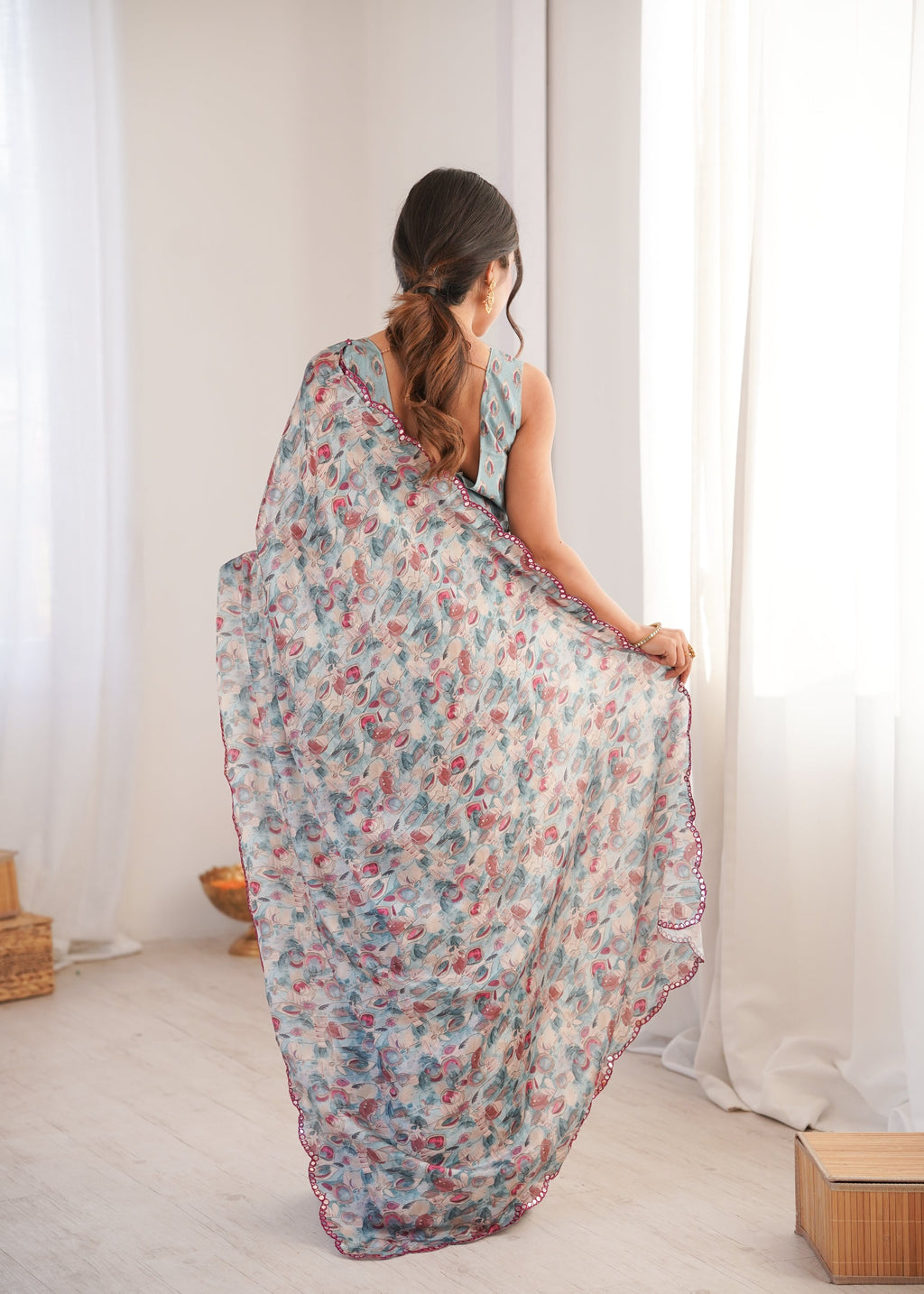 Women's Grey Chinon Digital Printed Saree with Mirror Lace Border