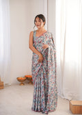 Grey Chinon saree with digital prints and an elegant mirror lace border.