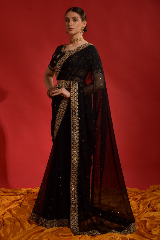 Black Georgette Saree with Sequence Coding Embroidery and Blouse