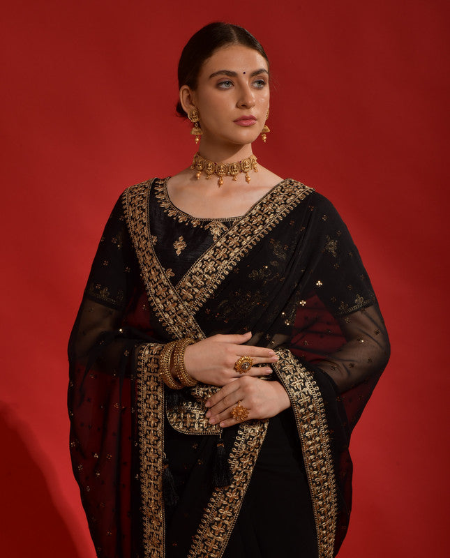 Black Georgette Saree with Sequence Coding Embroidery and Blouse