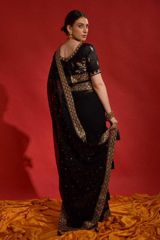 Black Georgette Saree with Sequence Coding Embroidery and Blouse