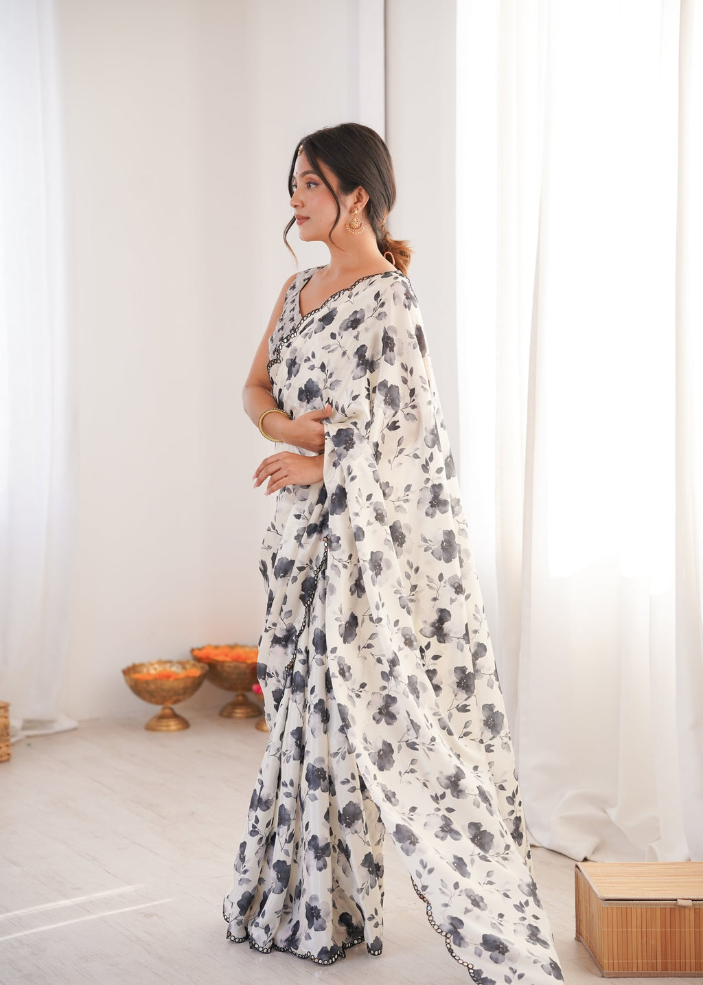 Off White Chinon Digital Printed Designer Saree with Mirror Lace