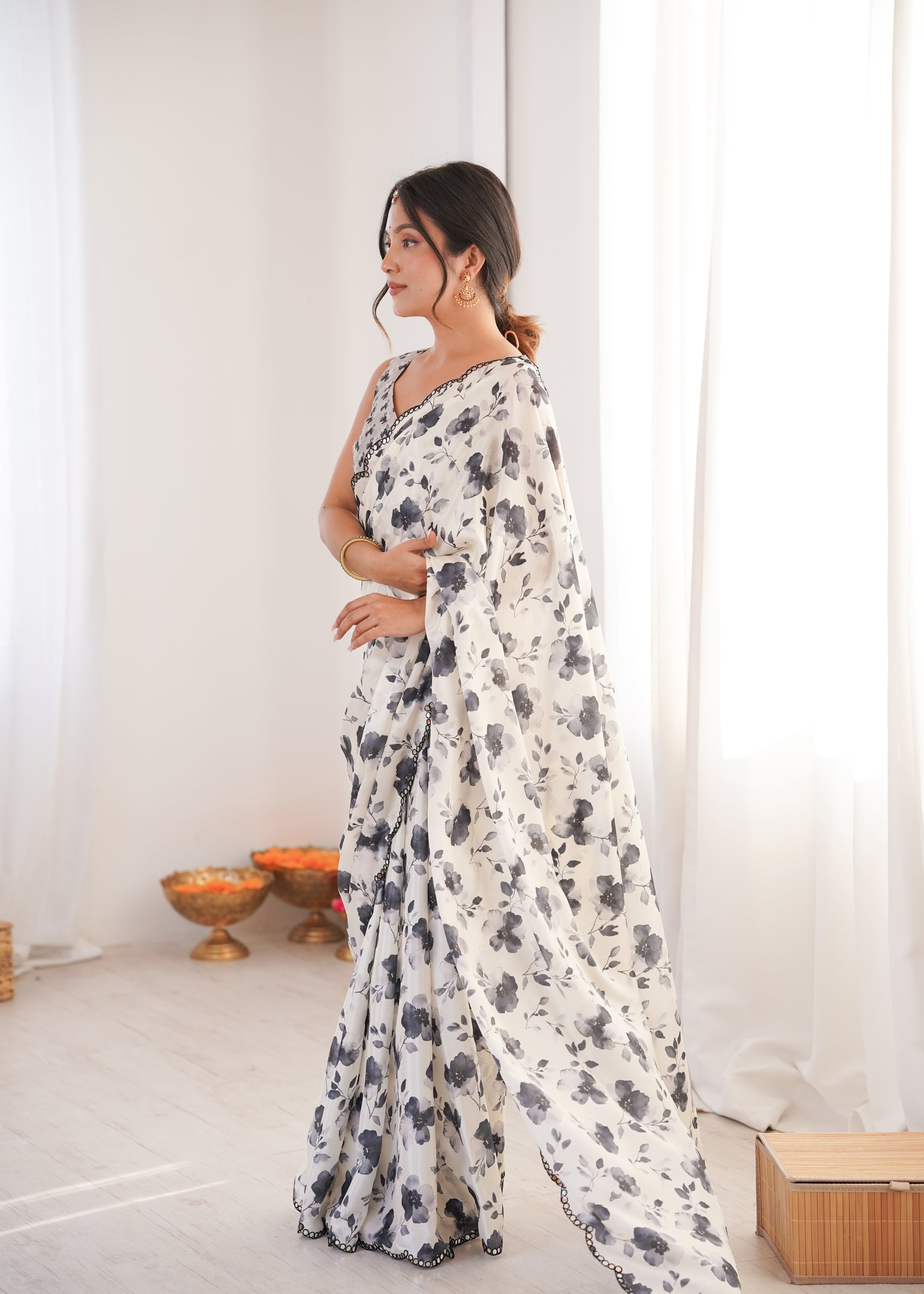 Off White Chinon Digital Printed Designer Saree with Mirror Lace