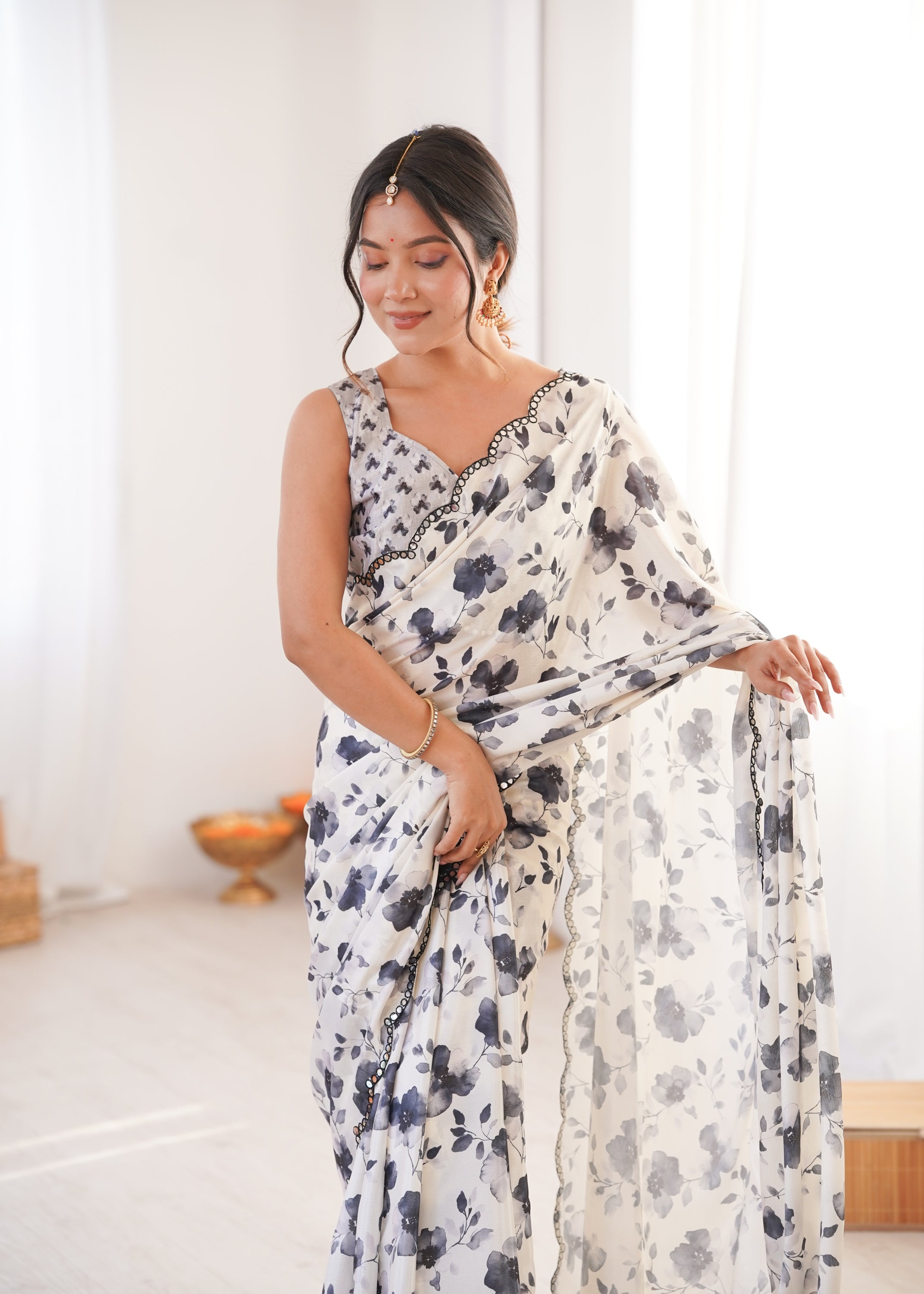 Off White Chinon Digital Printed Designer Saree with Mirror Lace