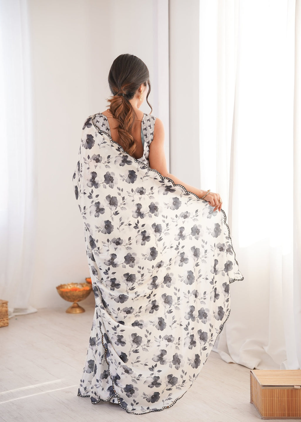 Off White Chinon Digital Printed Designer Saree with Mirror Lace
