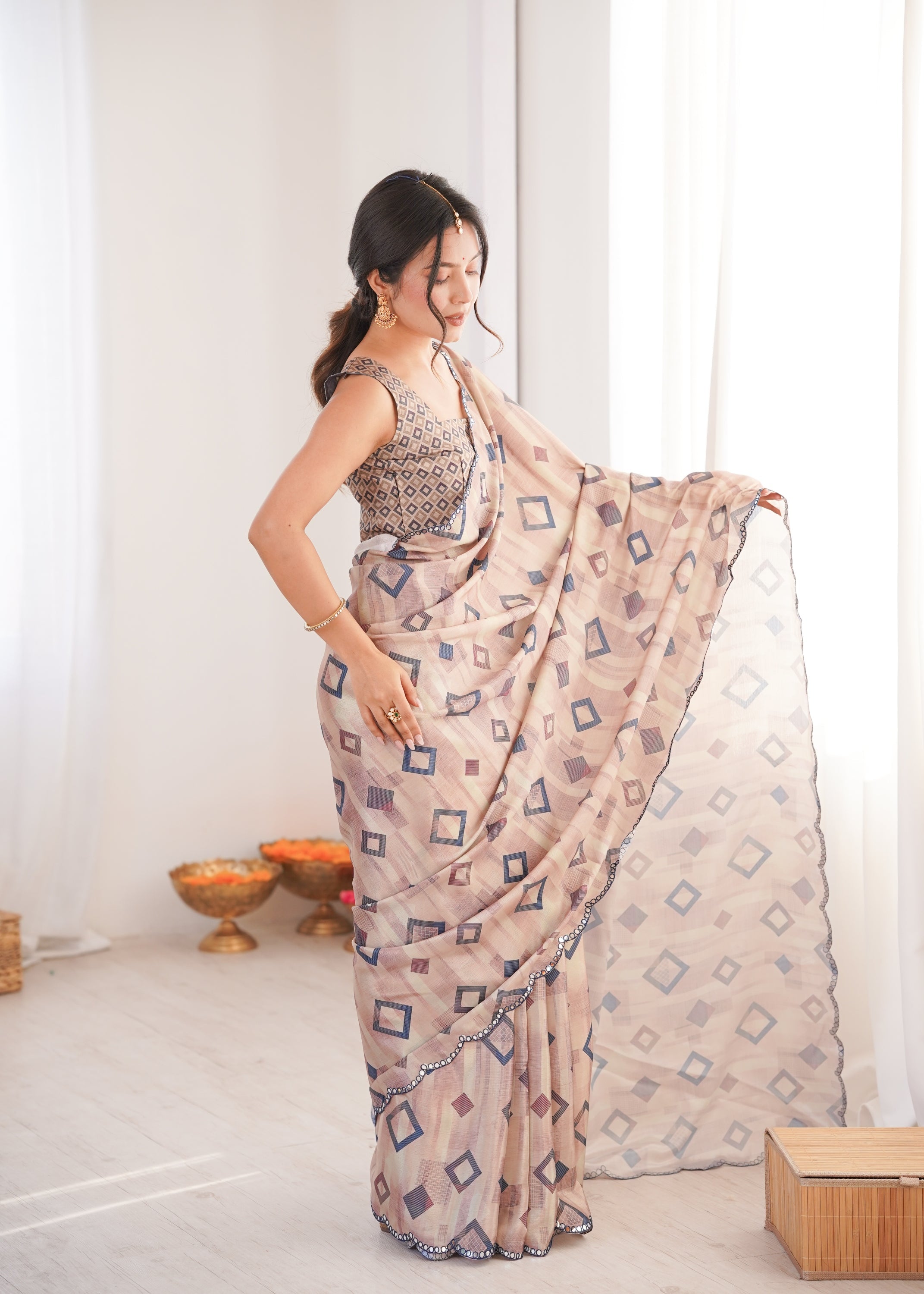 Beige Chinon Digital Printed Designer Saree with Mirror Lace