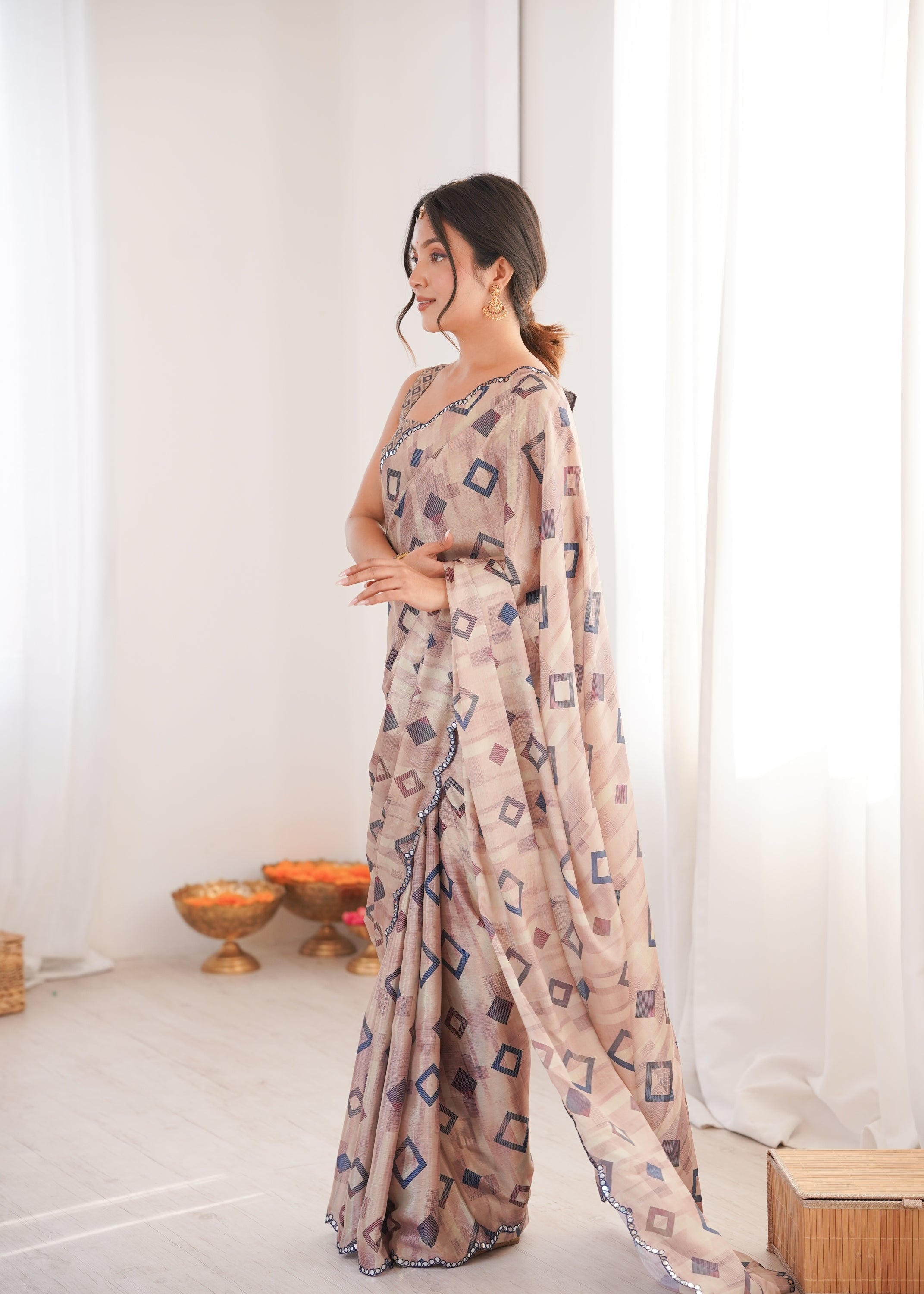 Beige Chinon Digital Printed Designer Saree with Mirror Lace