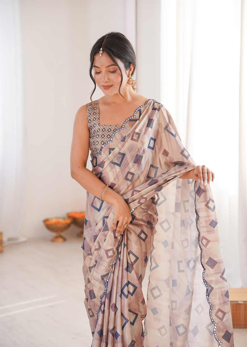 Beige Chinon Digital Printed Designer Saree with Mirror Lace