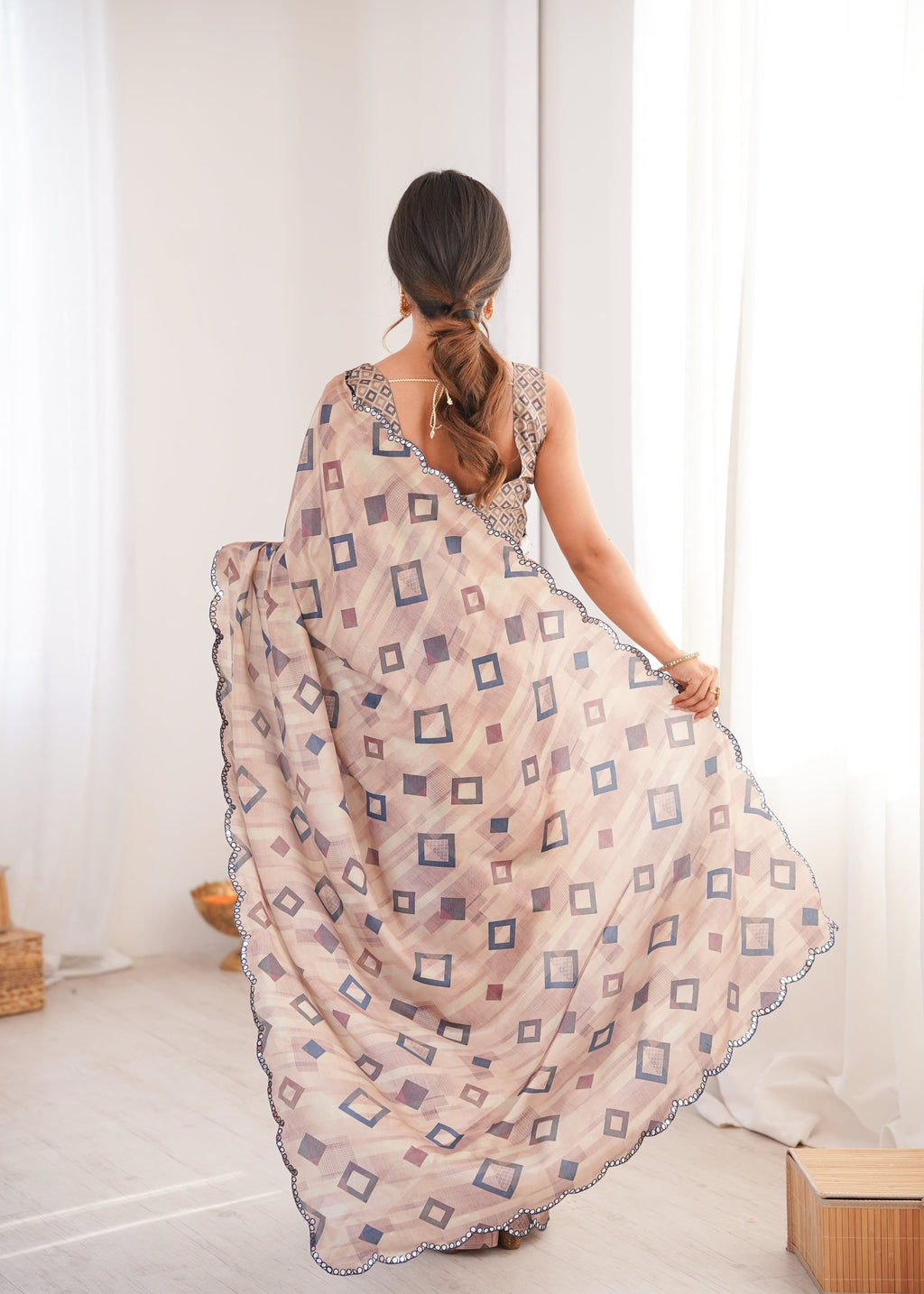 Beige Chinon Digital Printed Designer Saree with Mirror Lace