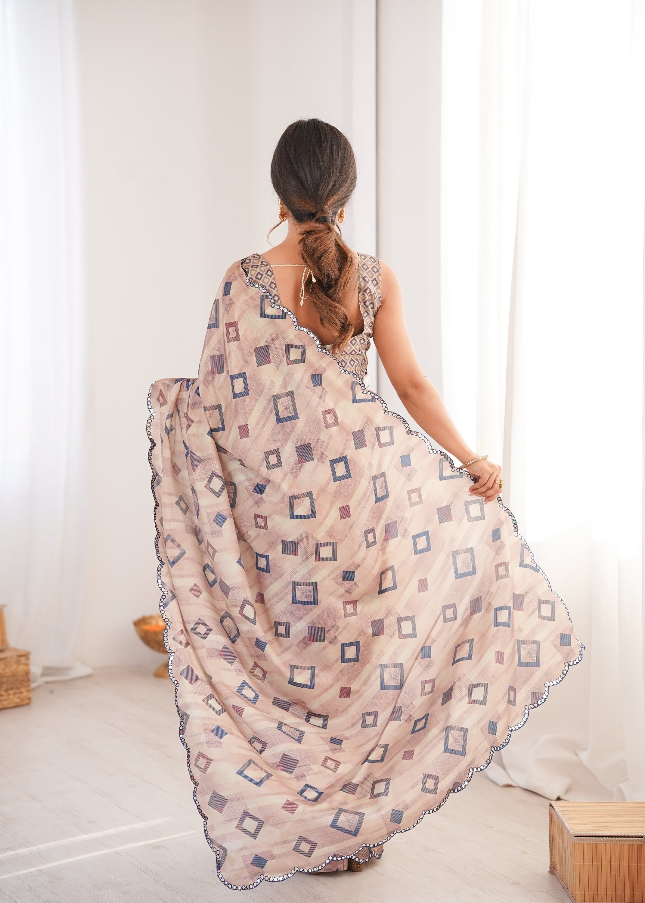 Beige Chinon Digital Printed Designer Saree with Mirror Lace
