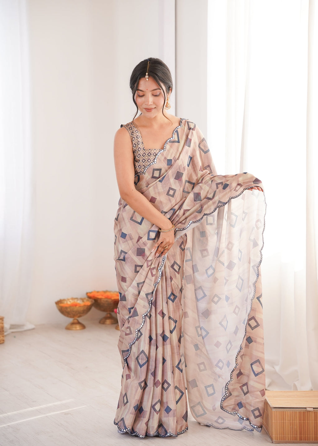 Beige Chinon digital printed designer saree featuring a delicate mirror lace border