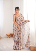 Beige Chinon digital printed designer saree featuring a delicate mirror lace border