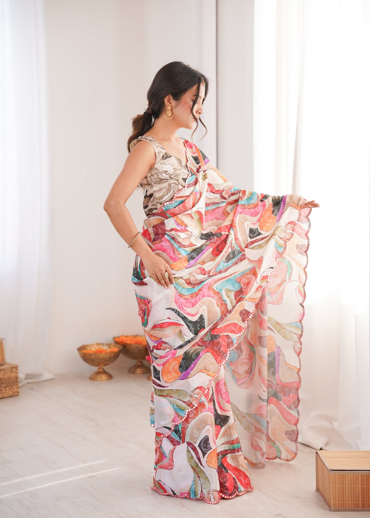 Multicolor Chinon Digital Printed Saree with Mirror Lace Border