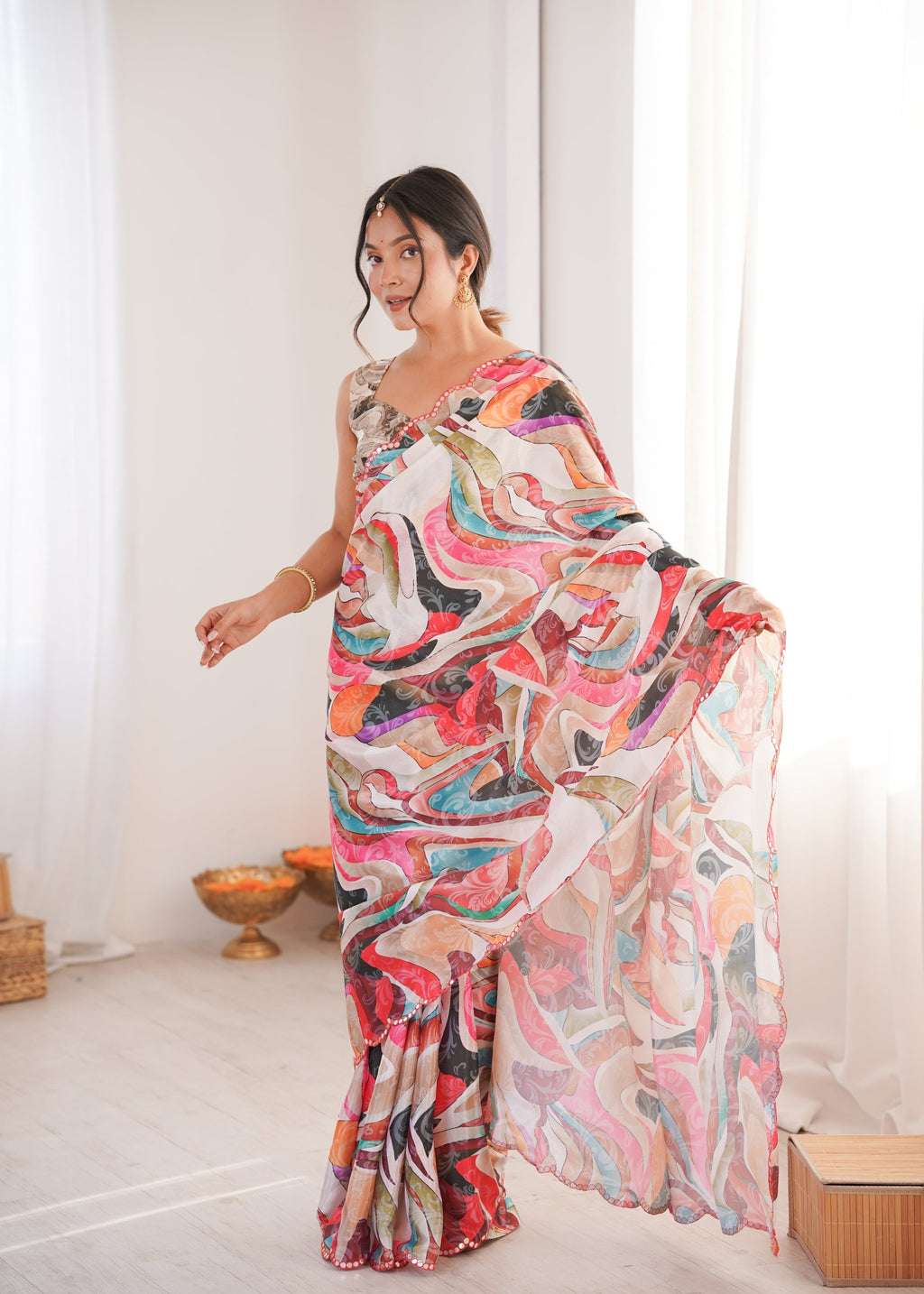 Multicolor Chinon Digital Printed Saree with Mirror Lace Border