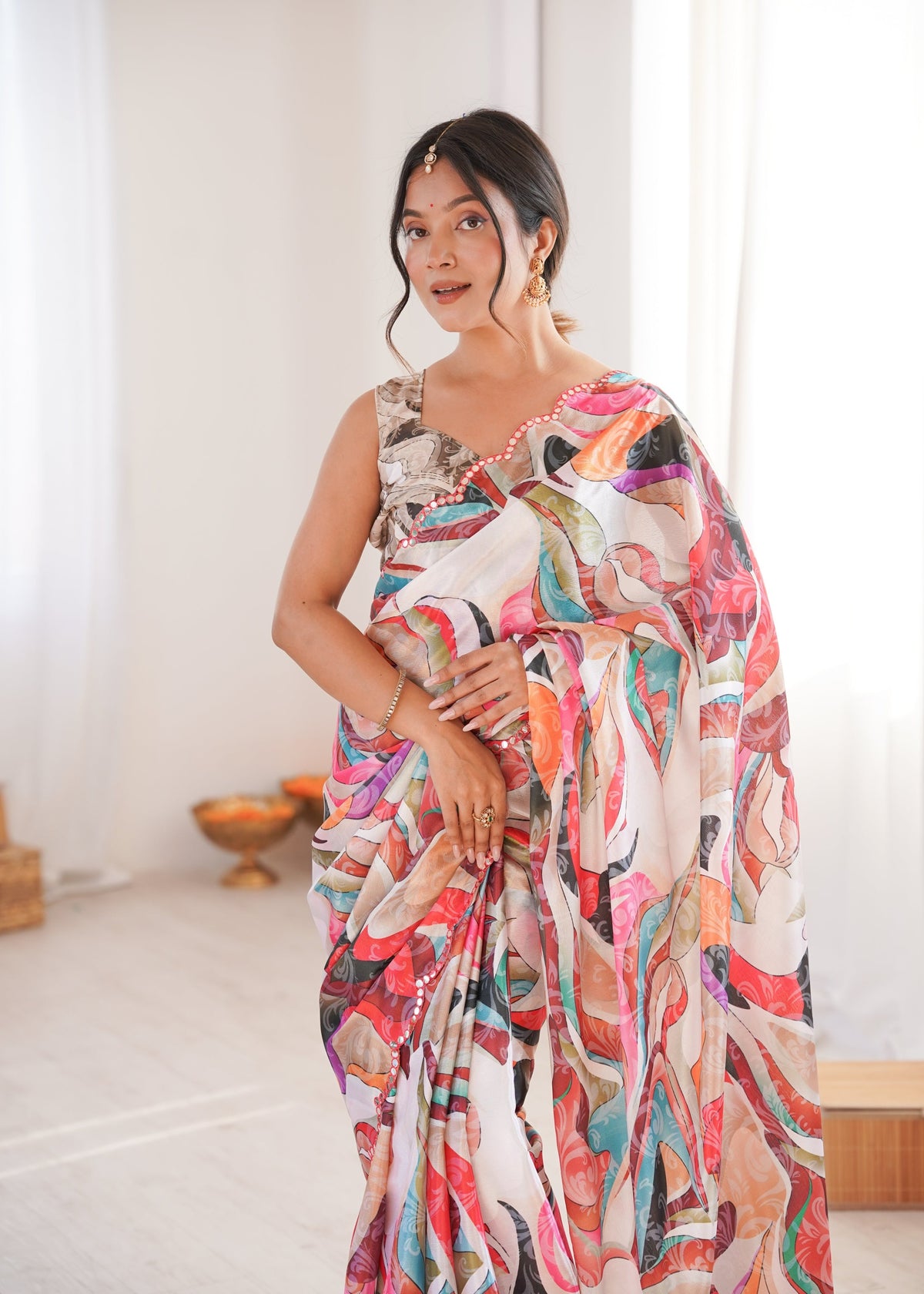 Multicolor Chinon Digital Printed Saree with Mirror Lace Border