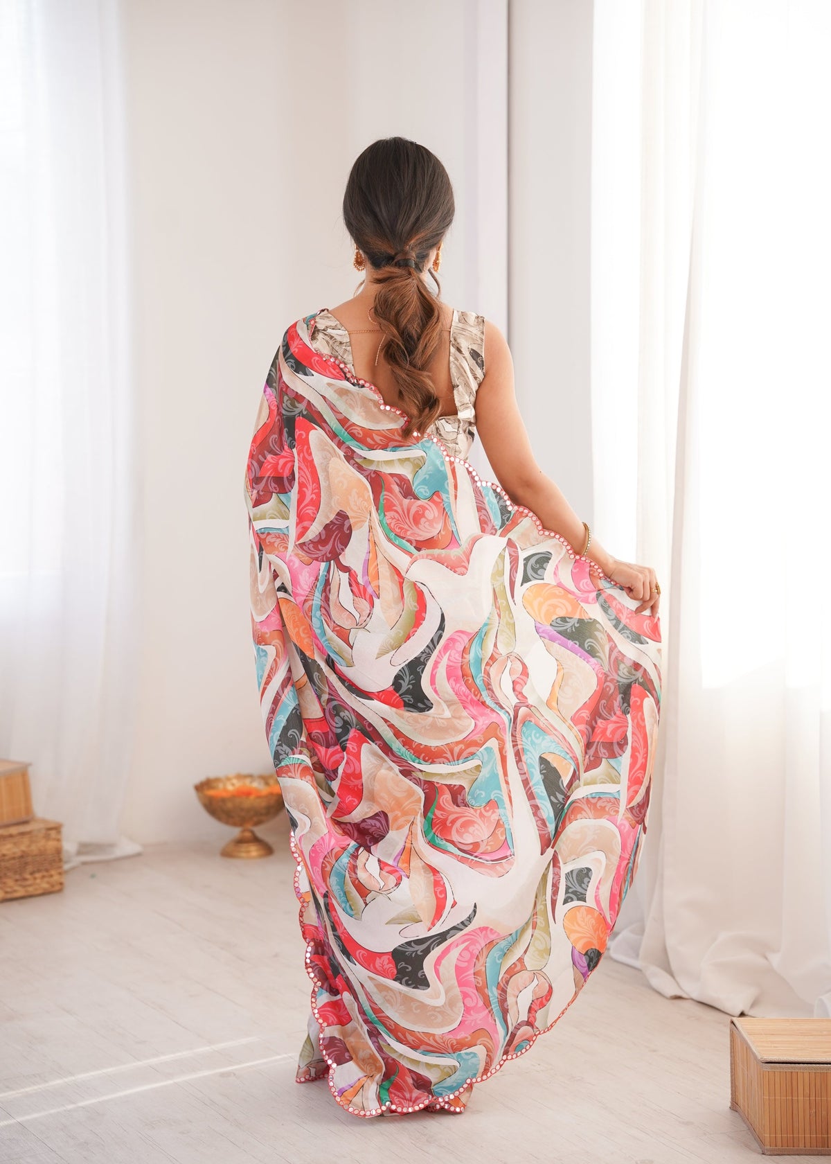 Multicolor Chinon Digital Printed Saree with Mirror Lace Border