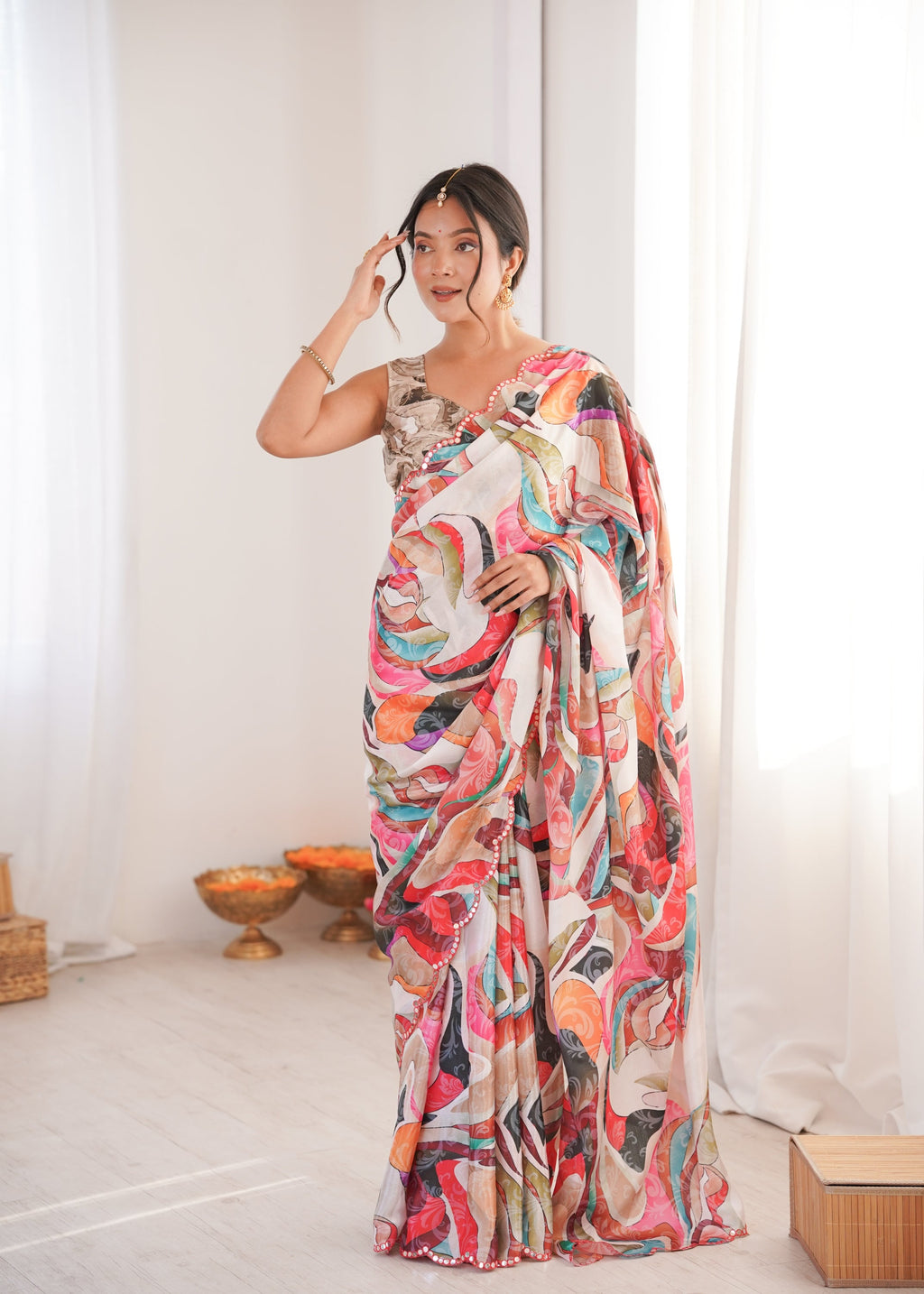 Multicolor Chinon digital printed saree with detailed mirror lace border draped elegantly