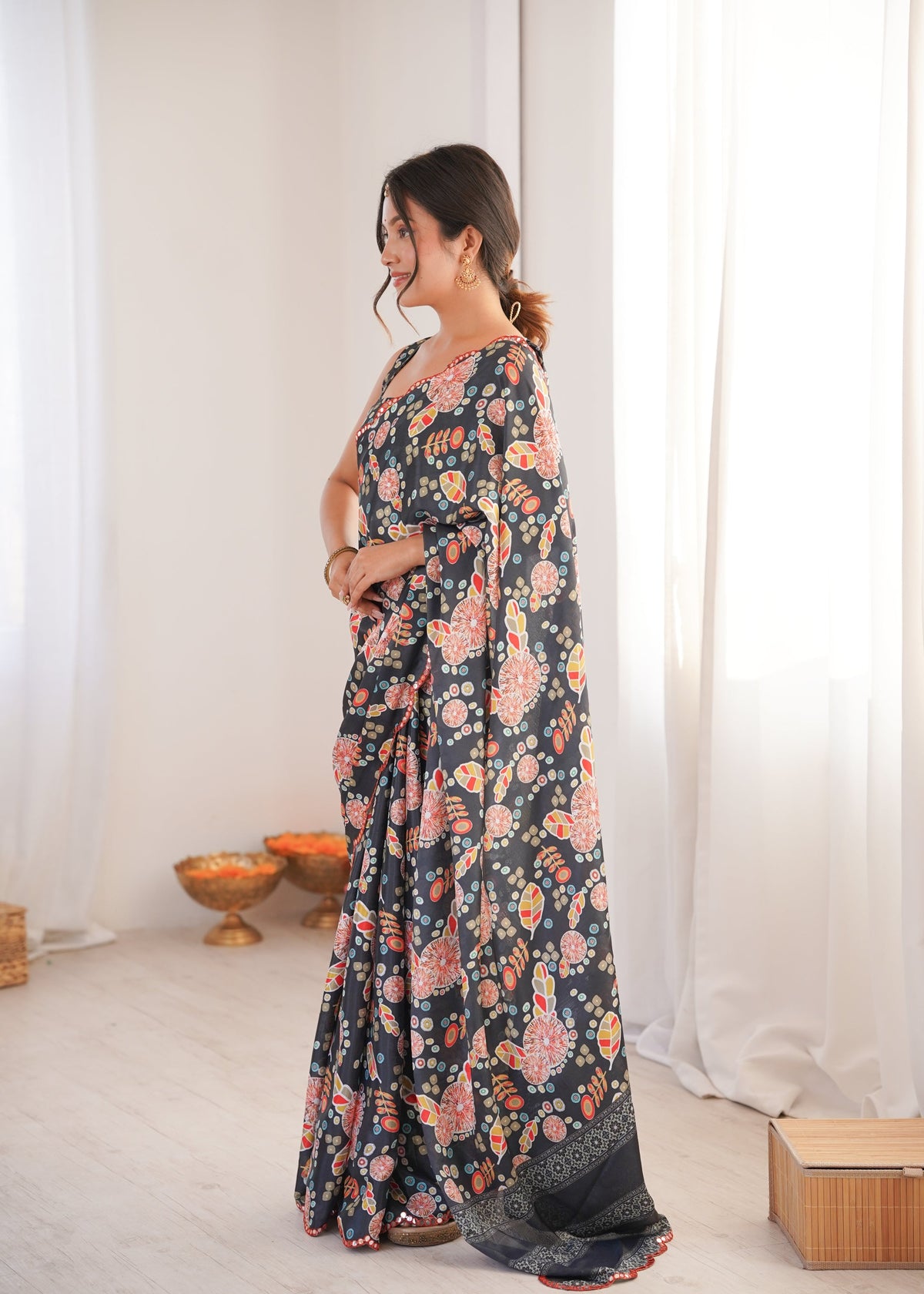Black Chinon Digital Printed Designer Saree with Mirror Lace