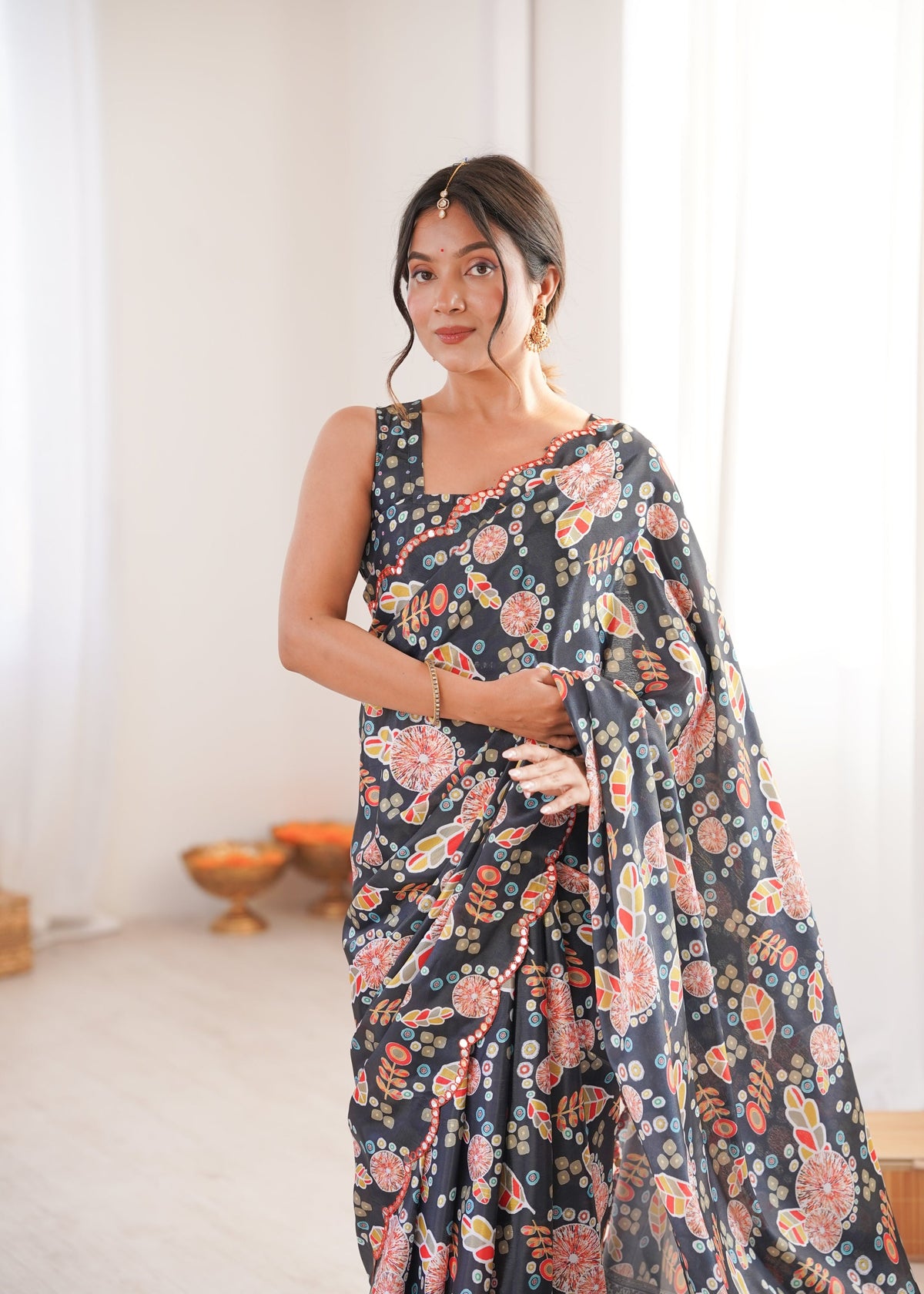 Black Chinon Digital Printed Designer Saree with Mirror Lace