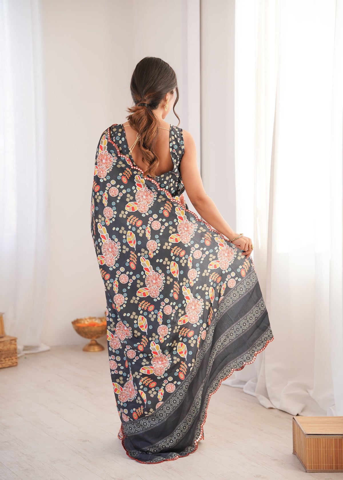 Black Chinon Digital Printed Designer Saree with Mirror Lace