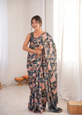 Black Chinon digital printed designer saree with decorative mirror lace border