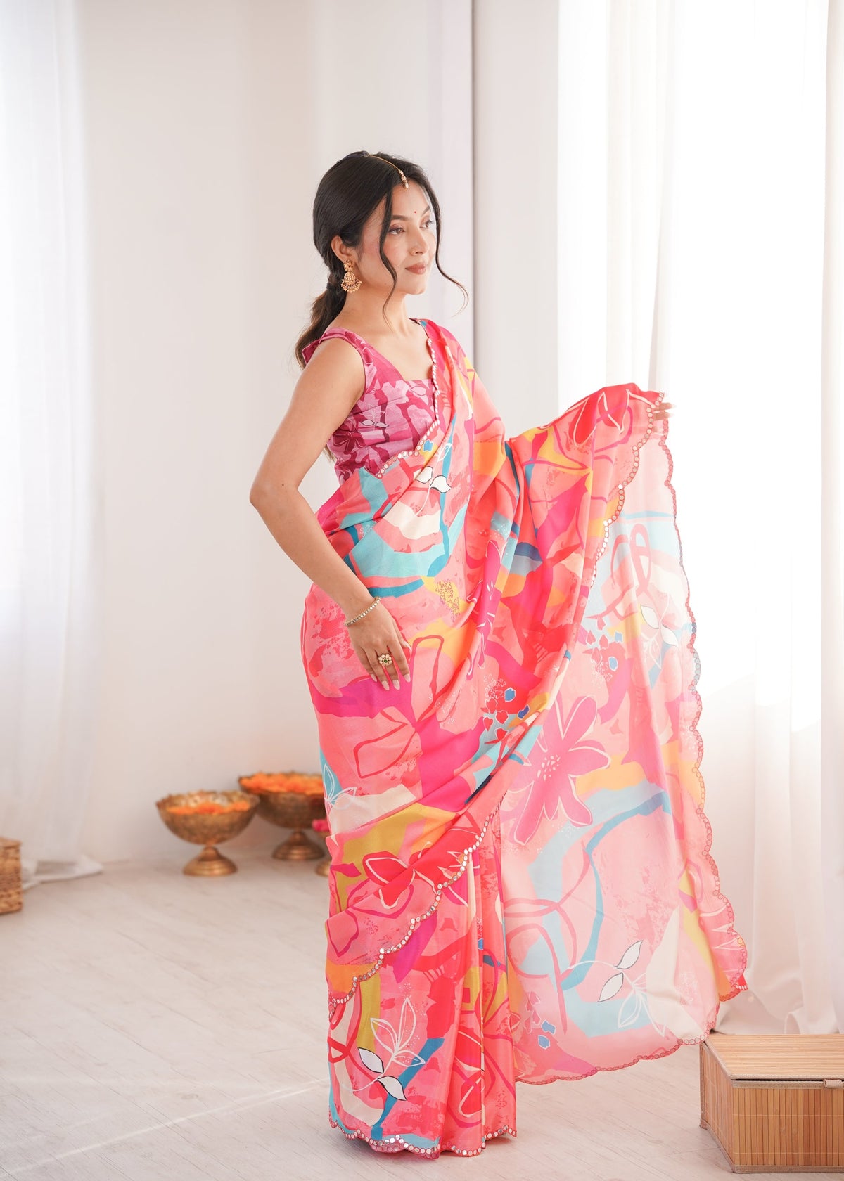 Women's Multicolor Chinon Digital Printed Designer Saree