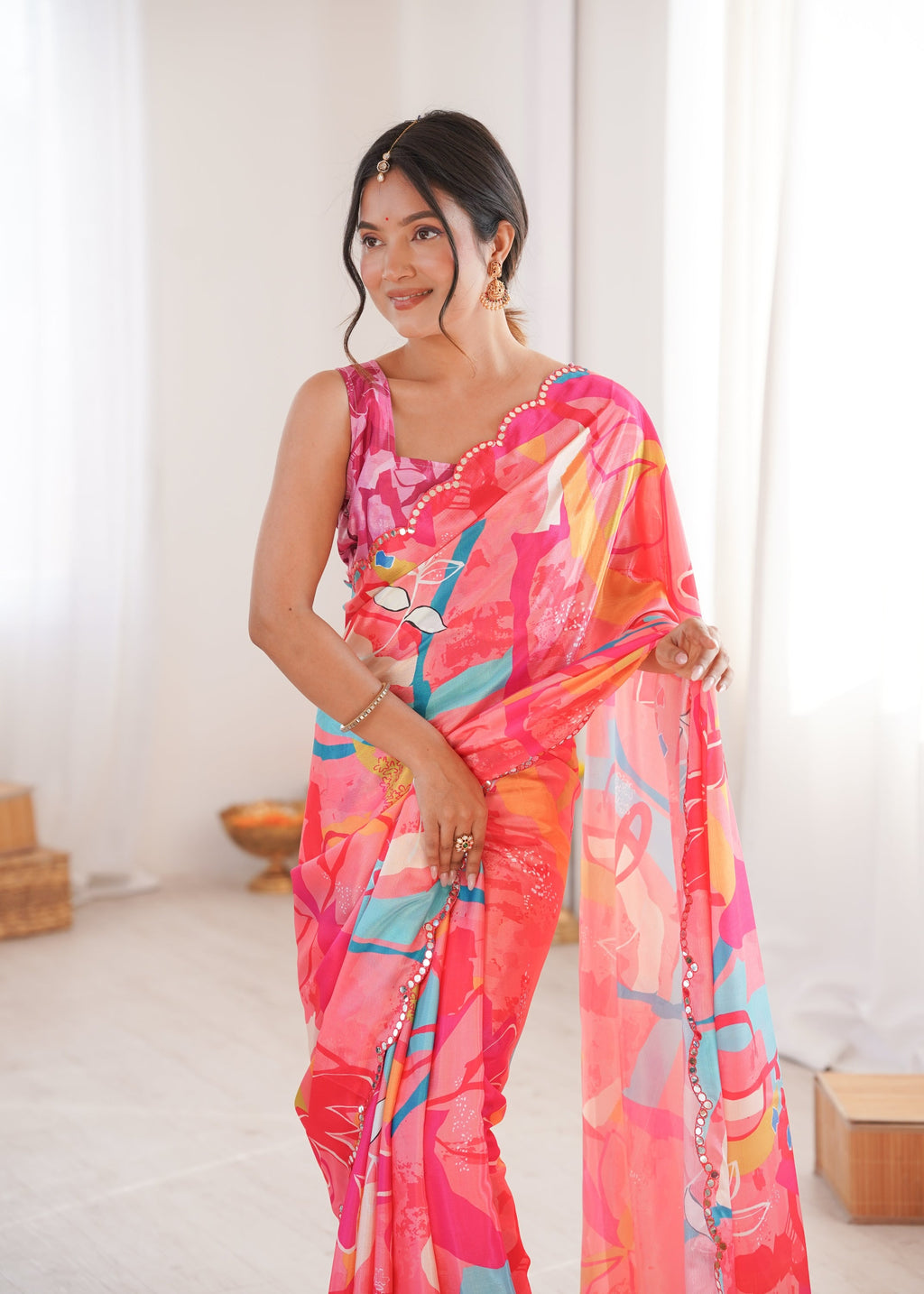 Women's Multicolor Chinon Digital Printed Designer Saree
