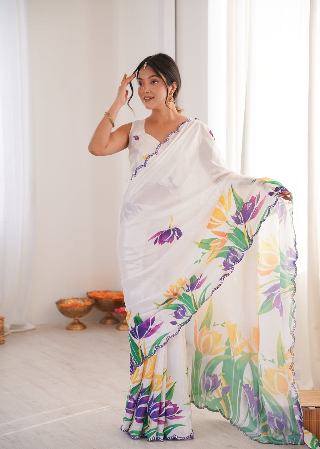 White Chinon Digital Printed Designer Saree with Mirror Lace