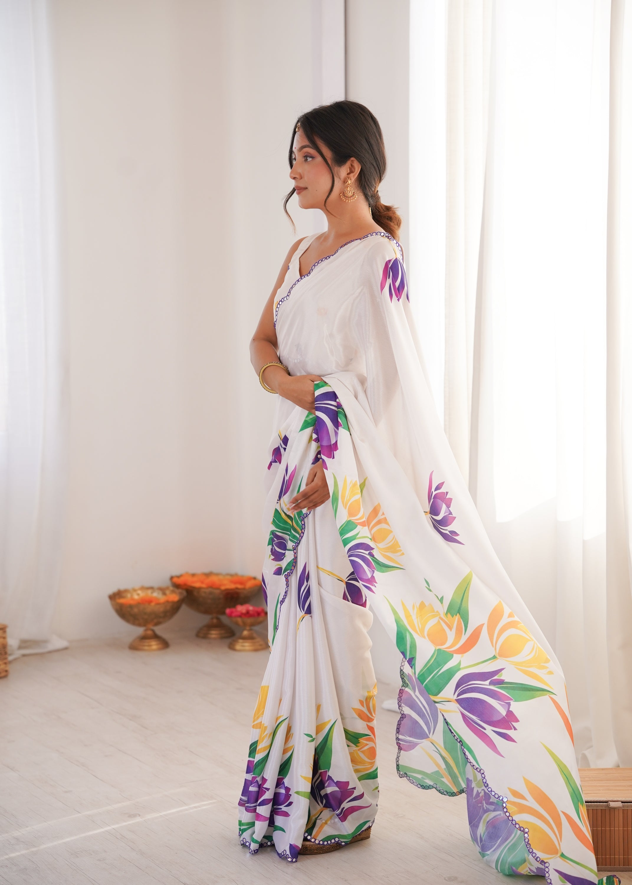 White Chinon Digital Printed Designer Saree with Mirror Lace