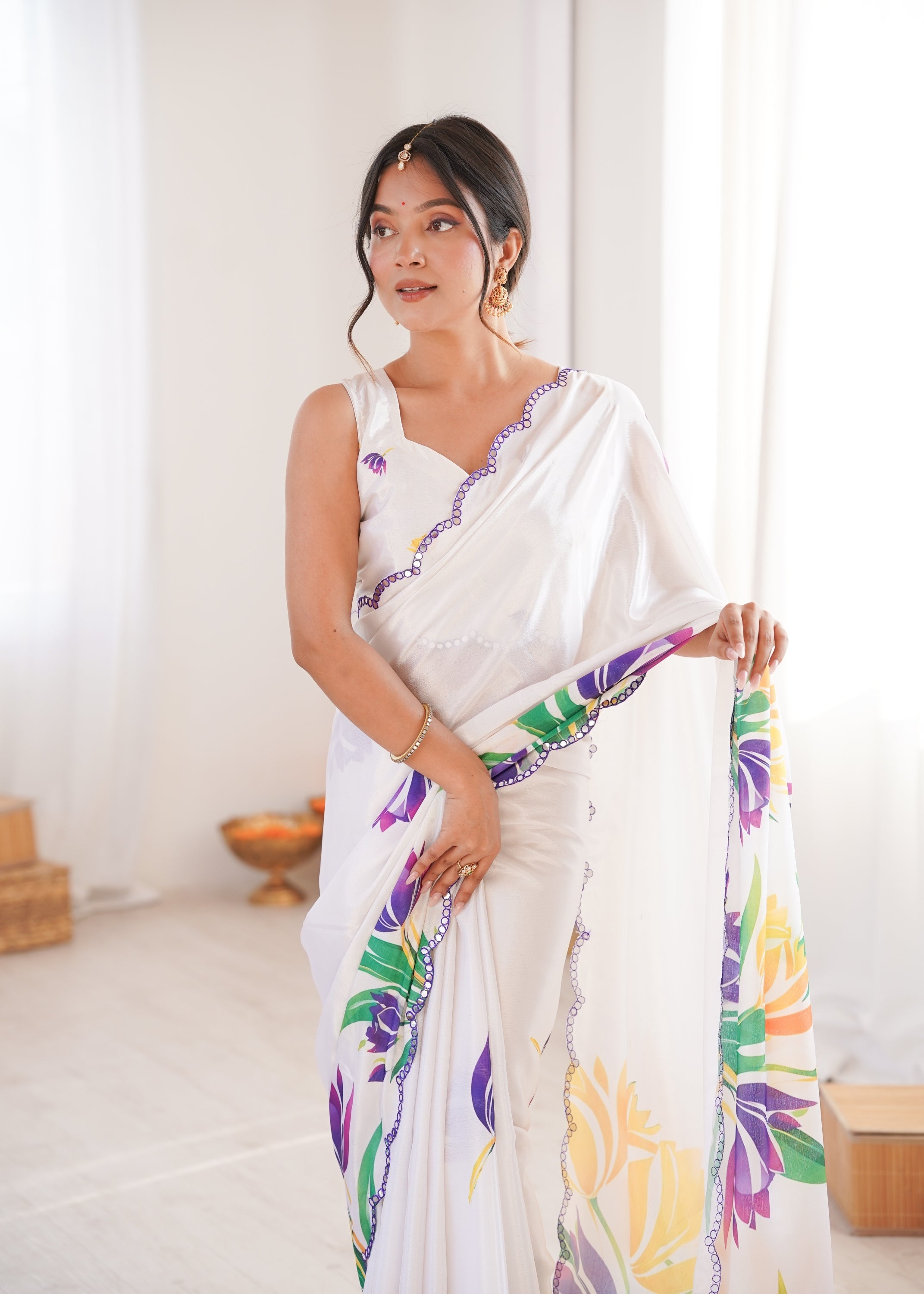 White Chinon Digital Printed Designer Saree with Mirror Lace