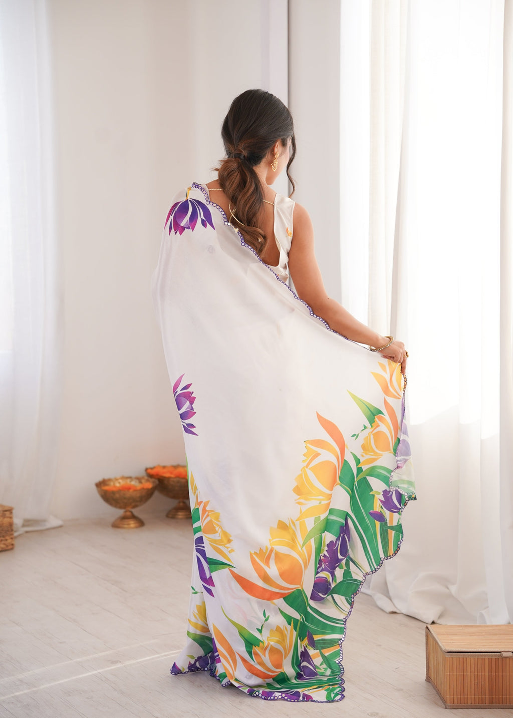 White Chinon Digital Printed Designer Saree with Mirror Lace