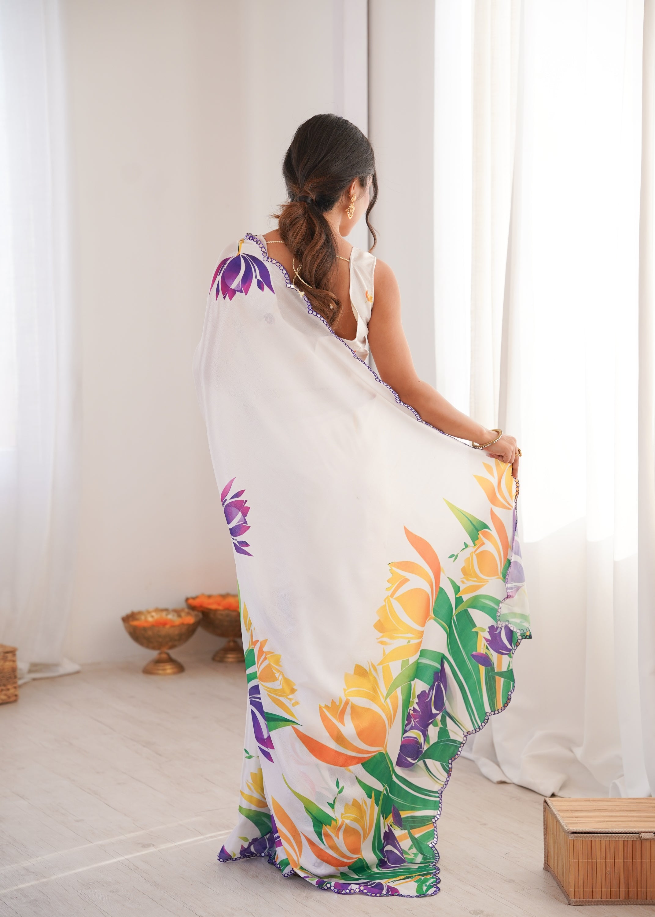 White Chinon Digital Printed Designer Saree with Mirror Lace