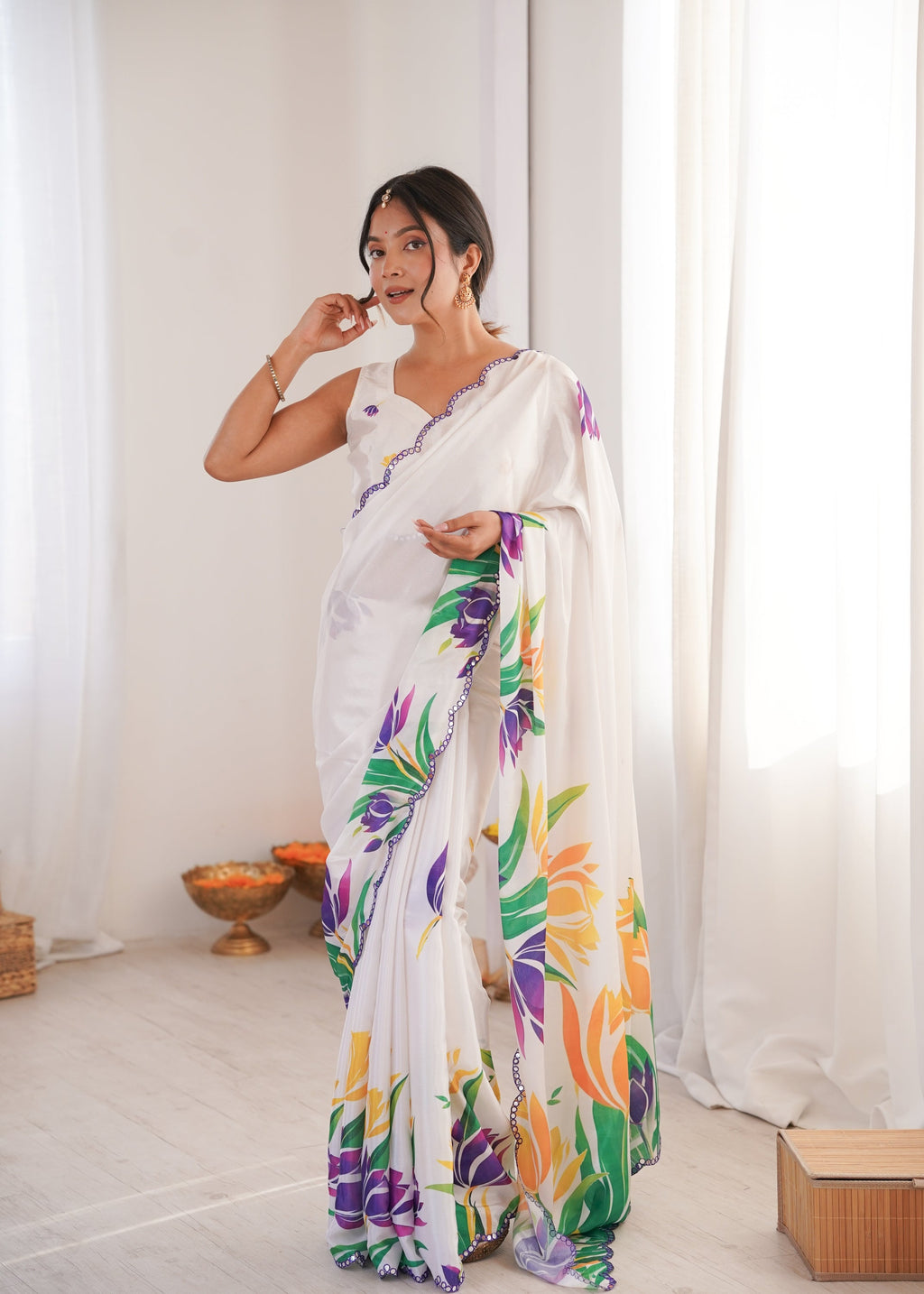 White Chinon digital printed saree with mirror lace border