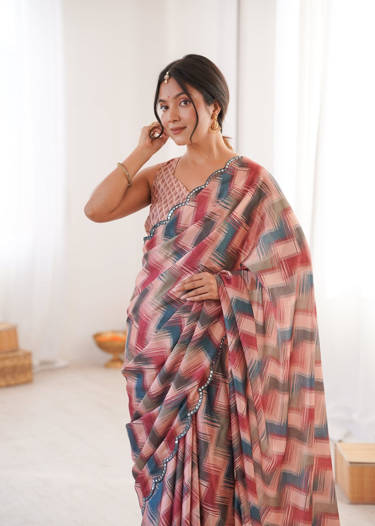 Multicolor Chinon Digital Printed Designer Saree with Mirror Lace