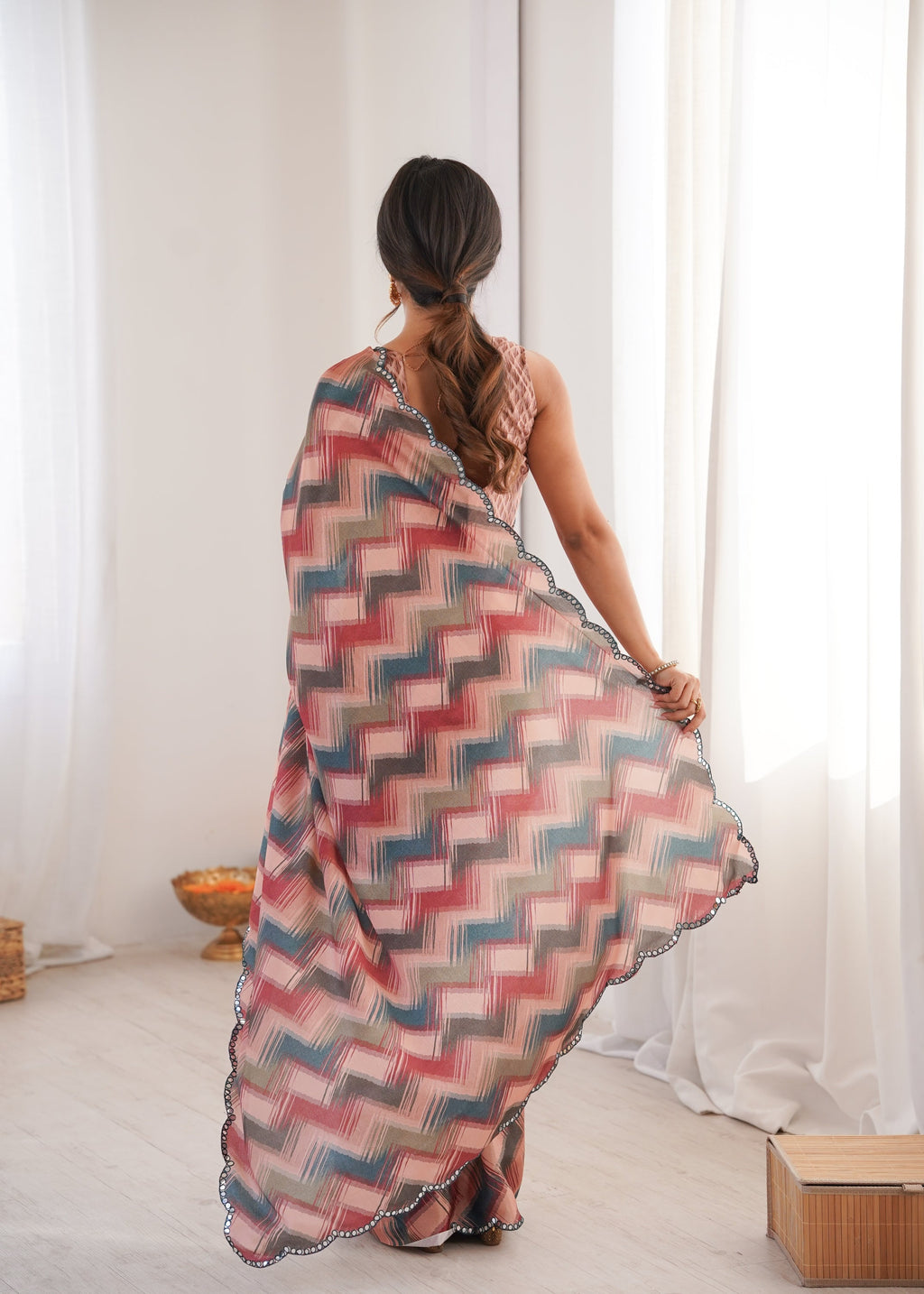 Multicolor Chinon Digital Printed Designer Saree with Mirror Lace