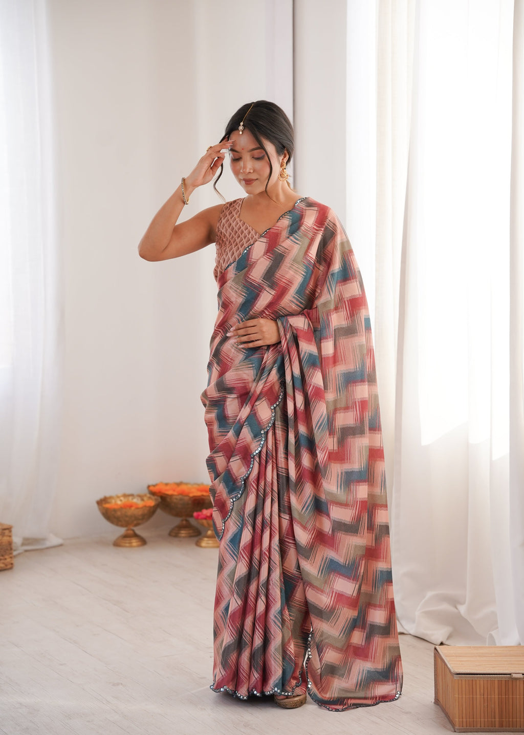 Elegant multicolor Chinon saree with digital print and mirror lace border detailing