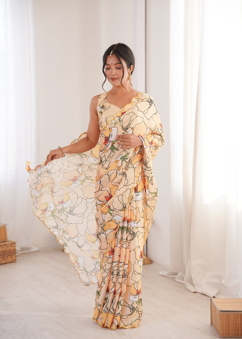Women's Cream Chinon Digital Printed Saree with Mirror Lace Border
