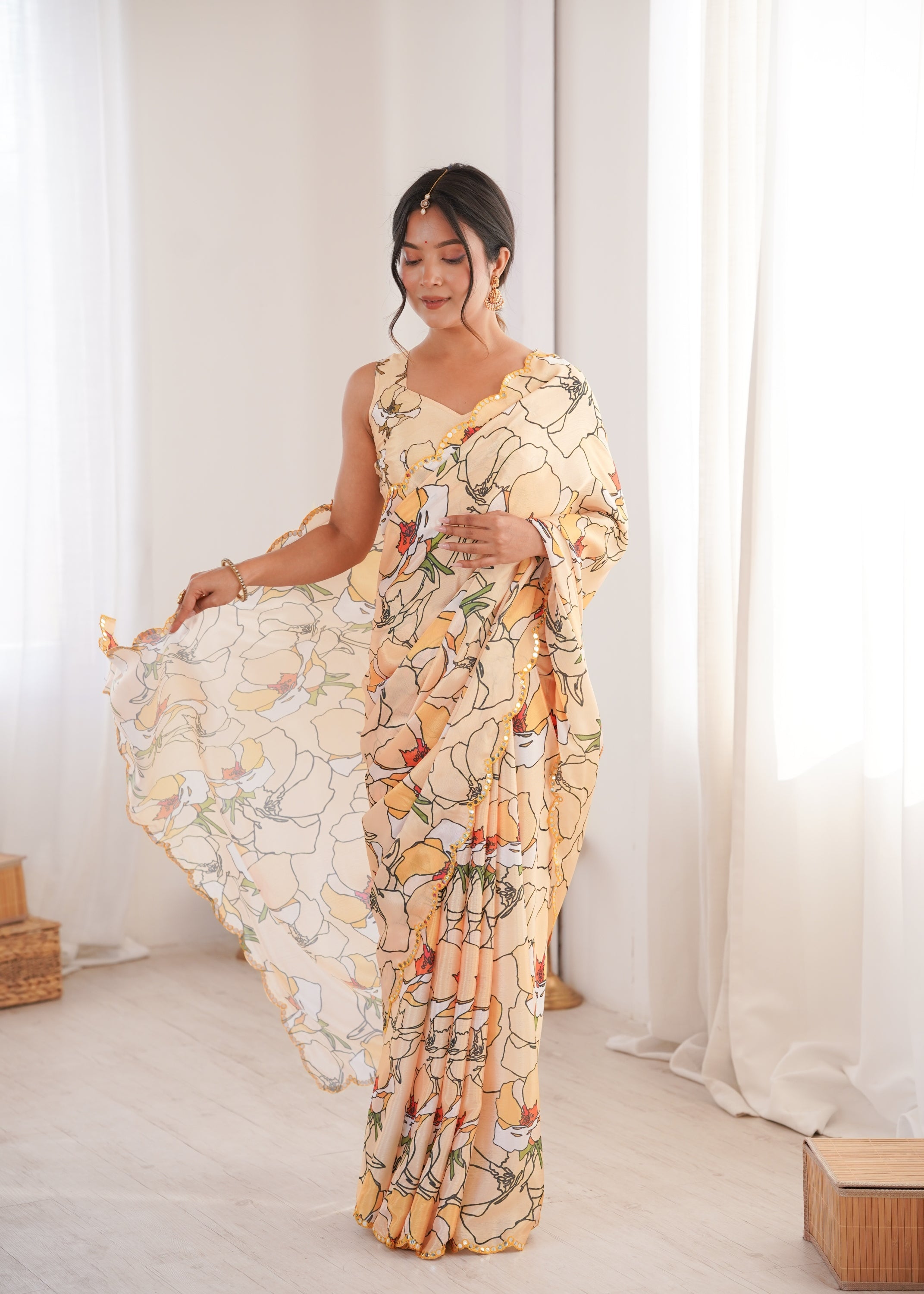 Women's Cream Chinon Digital Printed Saree with Mirror Lace Border