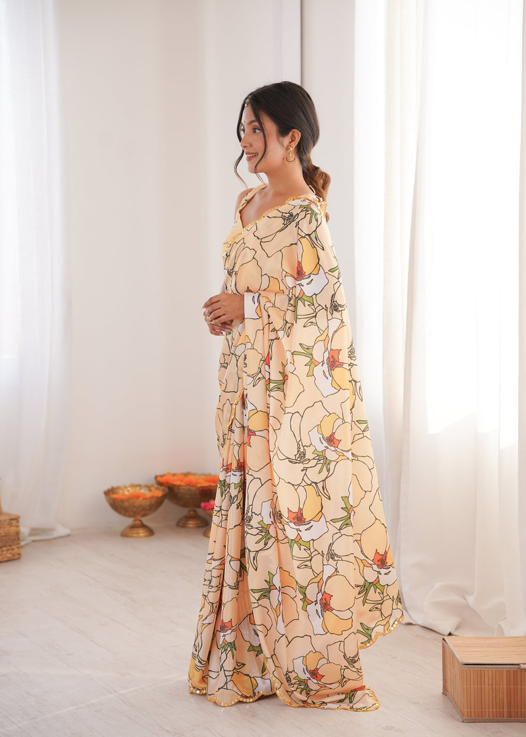 Women's Cream Chinon Digital Printed Saree with Mirror Lace Border