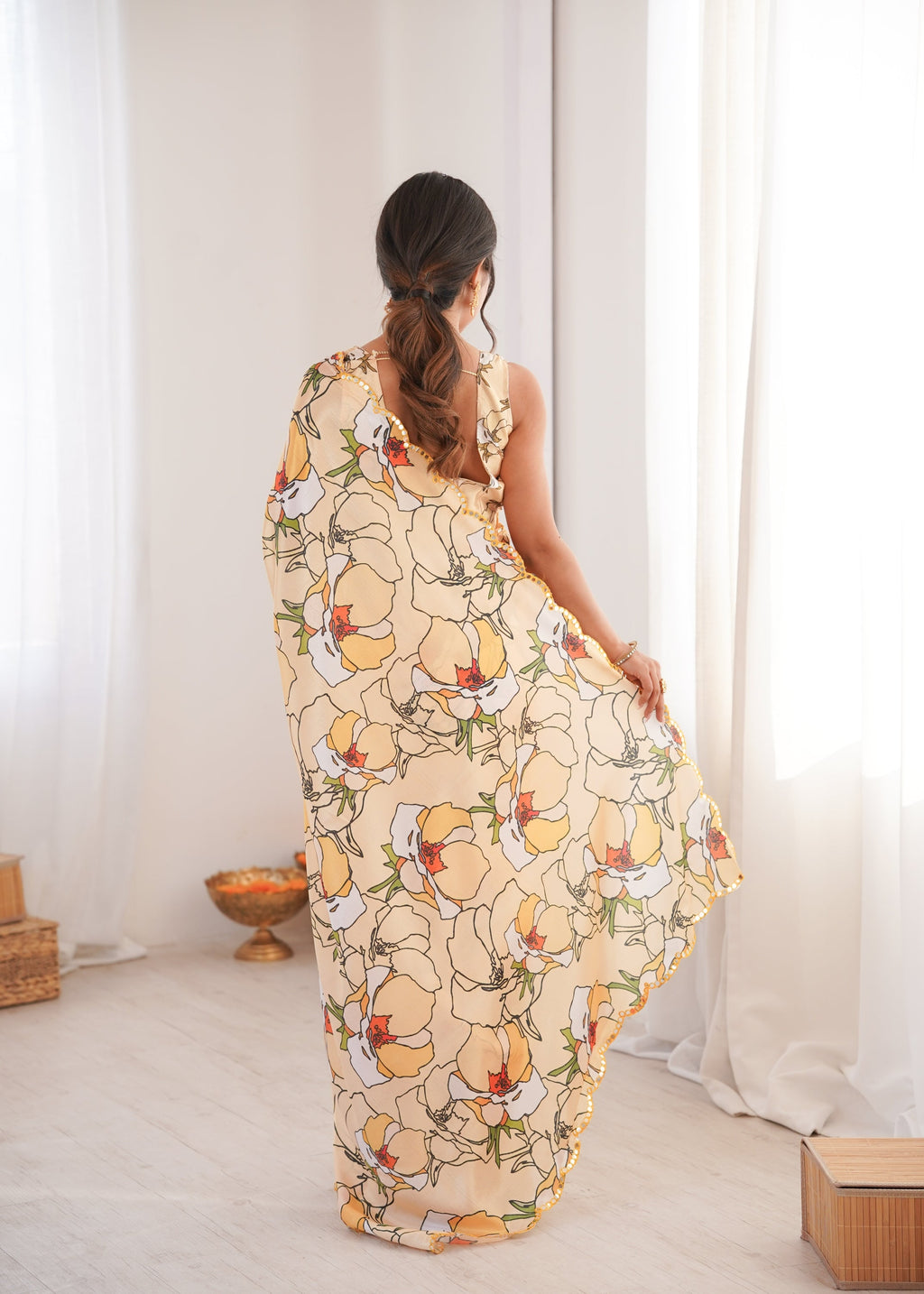 Women's Cream Chinon Digital Printed Saree with Mirror Lace Border